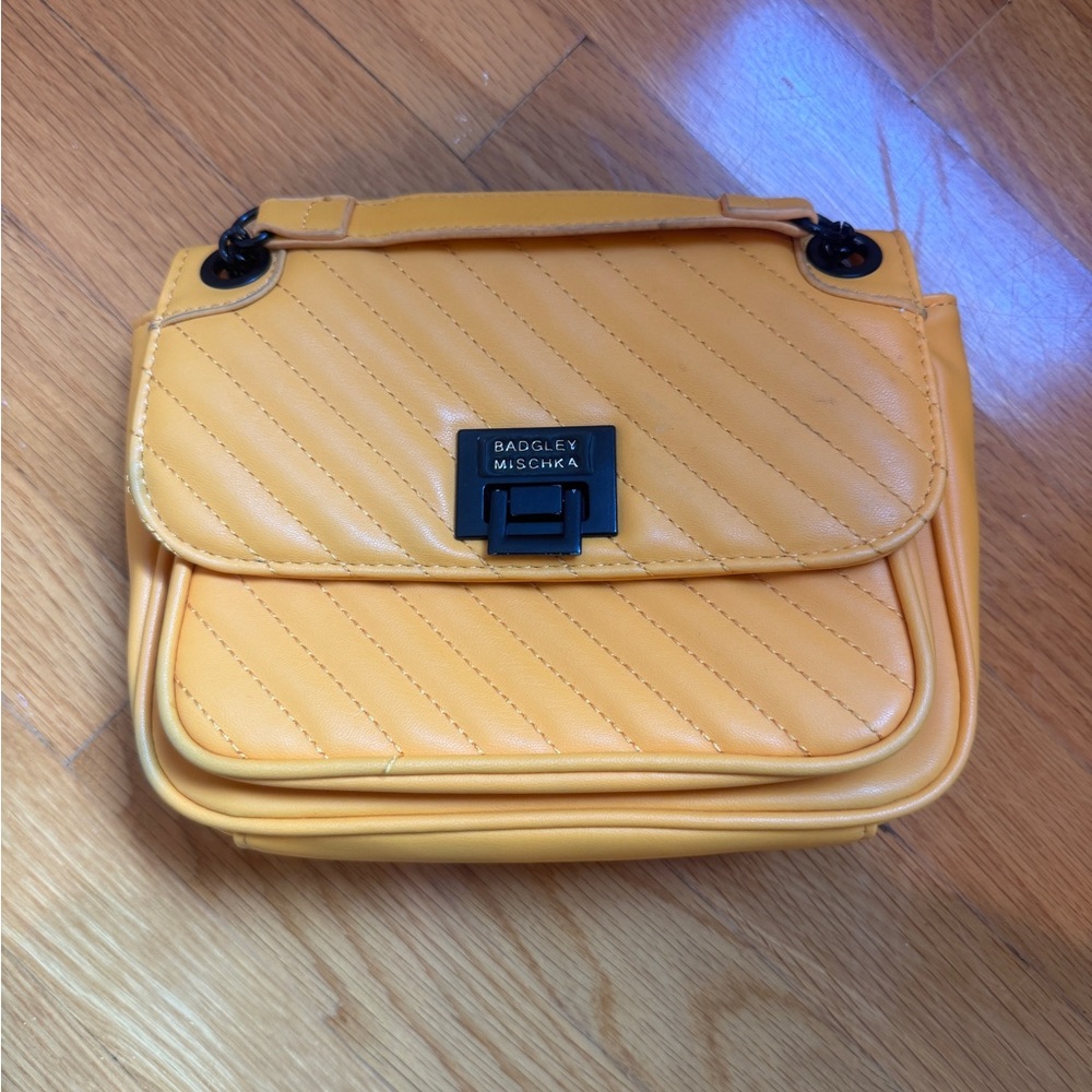 Badgley Mischka Quilted Mustard Yellow Crossbody Bag, Chain Strap, Vegan Leather